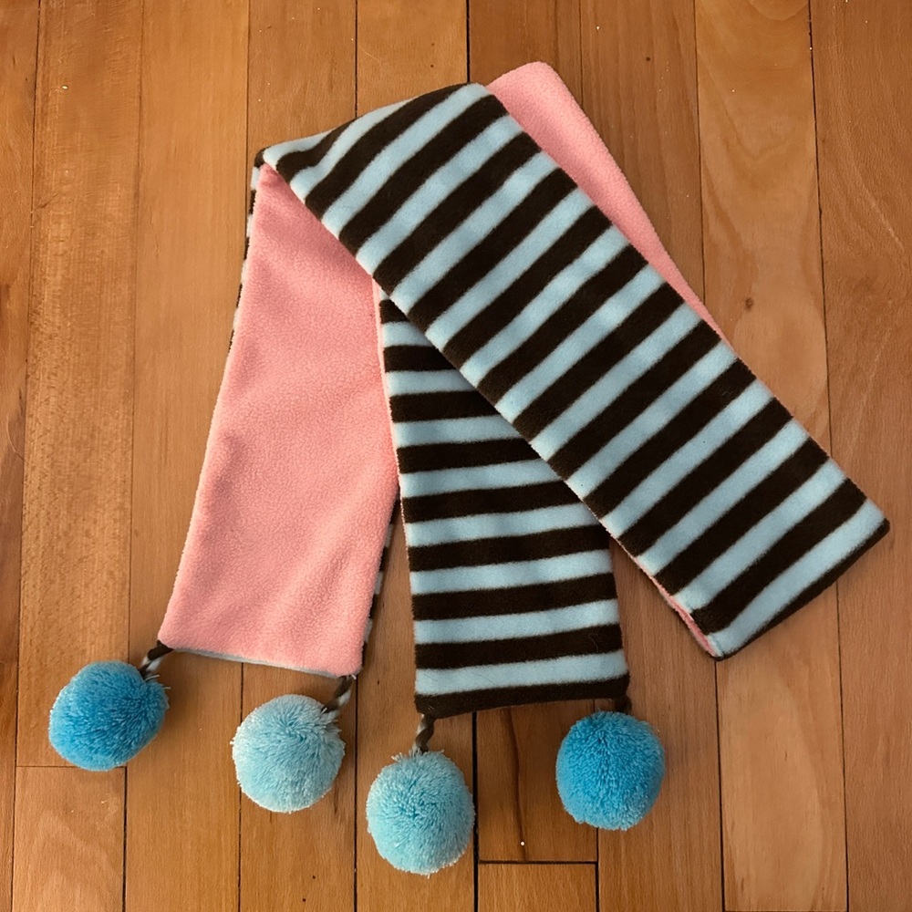 Striped Pink and Blue Kids Scarf with Pom Poms
